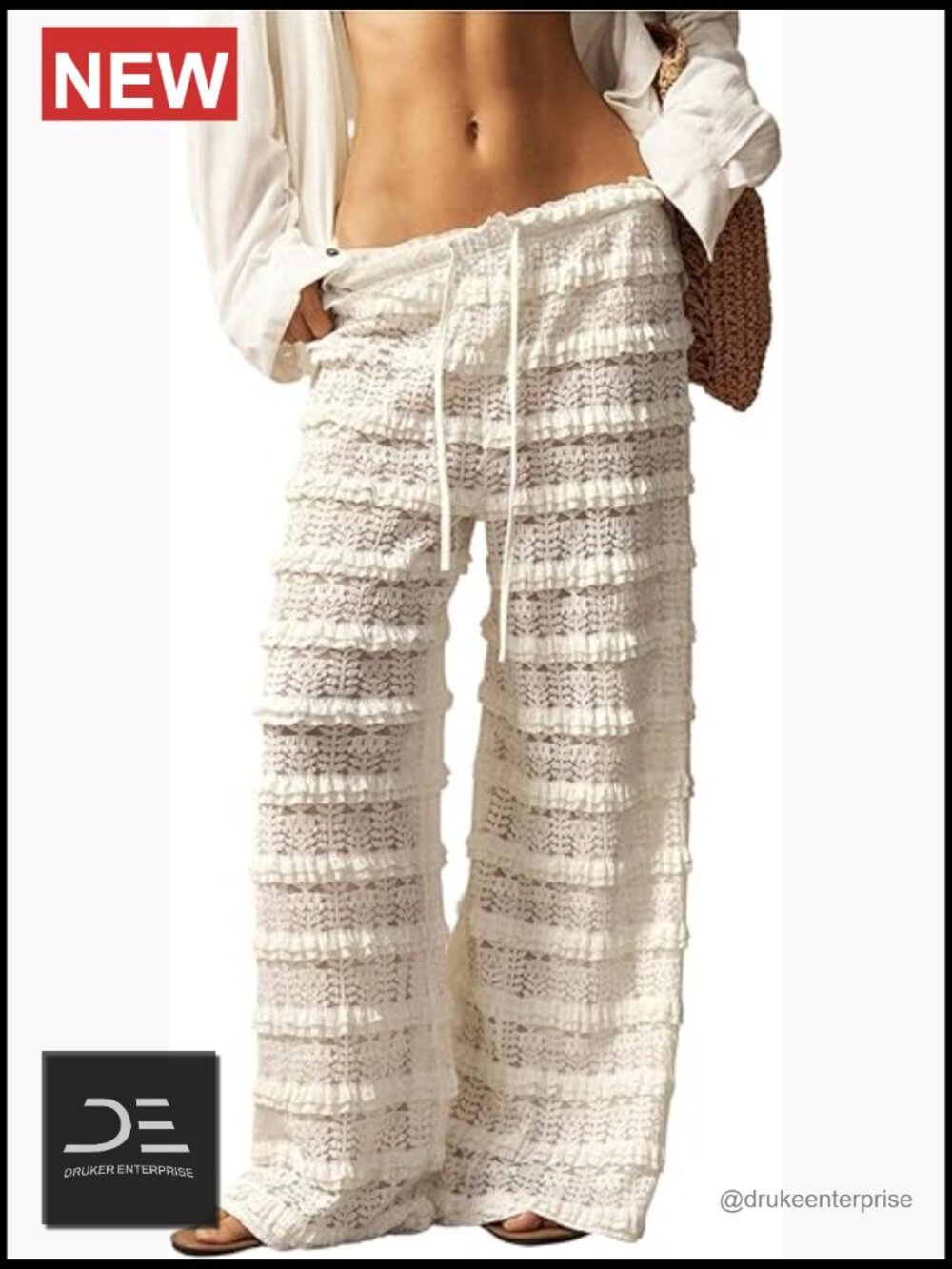 Crochet Lace Pants Ruffle Layered Elastic Waist Mesh Beach Cover Up